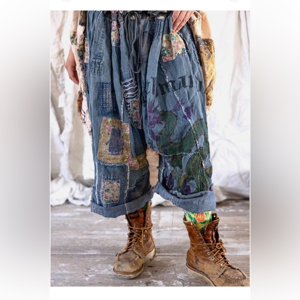 Magnolia Pearl Patchwork Kathmandu Samantha Trousers Drop Crotch Linen O/S NWT